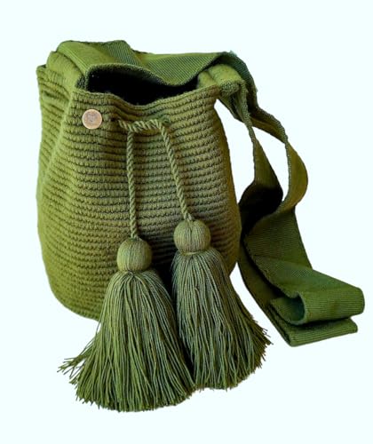 TERRA FUSION Bolso Wayuu hecho a mano | Bolsa Cubo Medio | Bolsa Ética | Oliva, verde, Medium