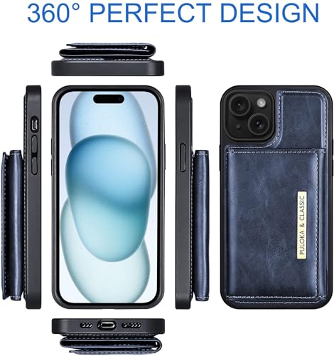 PULOKA Wallet Back Case - Compatible with iPhone 15 - Vegan Leather Phone Cover - Detachable Card Holder Case with Kickstand - Shockproof, Anti Scratch & Raised Edges for Protection - Blue 6