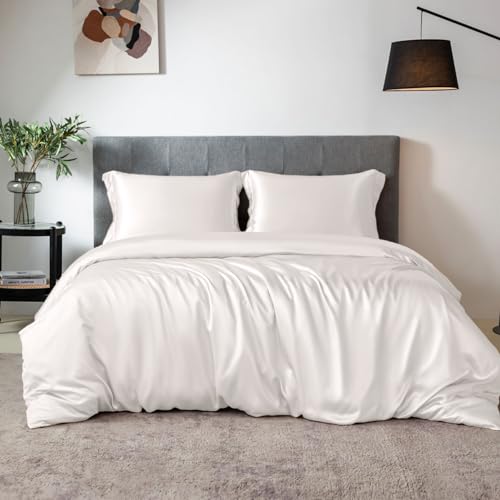 THXSILK 100% Silk Sheet Set, 7A+ Silk Sheet Set Soft Breathable, Luxury Bedding (1 Duvet Cover, 1 Fitted Sheet, 2 Pillow Shams), Cal King, White