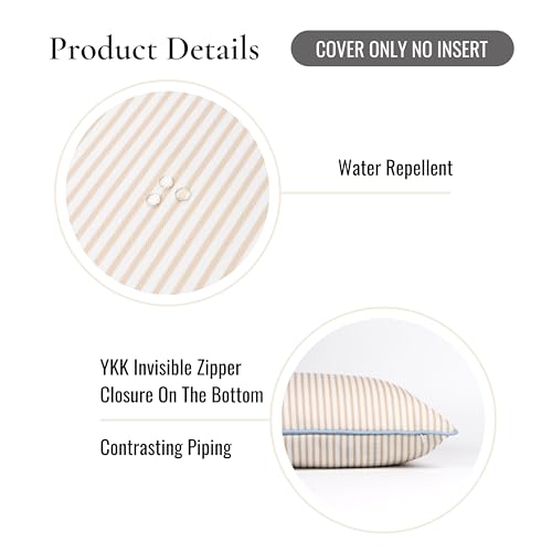 Hofdeco Premium Coastal Hampton Patio Indoor Outdoor Throw Pillow Cover Only, 20"x20" Water Repellent for Backyard, Couch, Poolside, Neutral Tan Blue Print Stripes by Hofdeco Premium - Used condition - Image 3