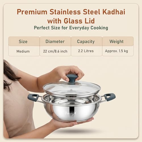 Image of Parage Stainless Steel Kadhai with Glass Lid, 2200ml, Induction & Gas Compatible, Triply Bottom Steel Kadai 24cm with Silicone Handle for Curry, Sabzi & Daily Cooking, 2 Years Warranty
