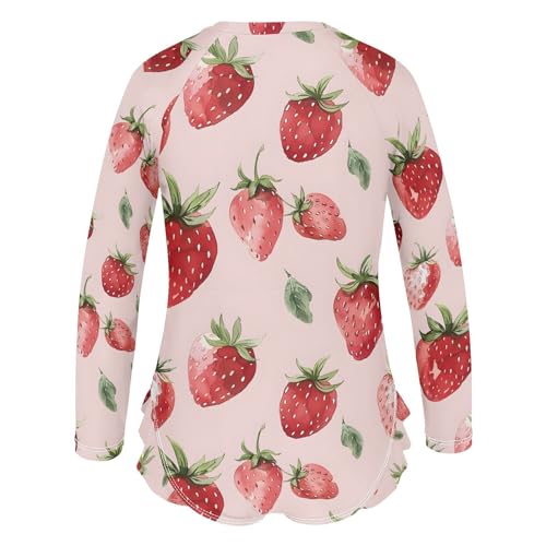 ALAZA Strawberry Watercolor Hipster Girls One Piece Swimsuit Long Sleeve Rash Guard Swimsuits UV 50+ Swimwear Zipper3