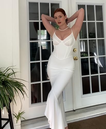 Image of Popilush Corset Dress Built in Shapewear - Formal Dress for Women Deep V Neck Maxi Slip Bridesmaid Dresses for Wedding