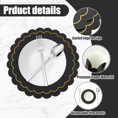 100 Pcs Black Disposable Paper Placemats – Scalloped Round Table Place Mats for Wedding, Party, Baby Shower, Banquet, Home Dining Table Decor — view 3