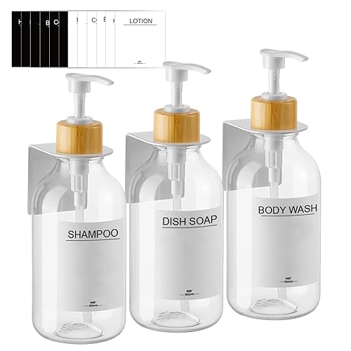 RISAKOGO 3 Pièces Distributeur Savon Mural, Distributeur de Savon 500ml avec Étiquettes No Perçage pour Cuisine et Salle de Bain - Transparent