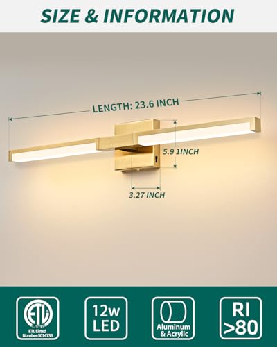 Image of OKELI 24 Inch Bathroom Vanity Light Fixtures, Gold Modern Light Fixtures Over Mirror, 12W 5CCT Dimmable Wall Light
