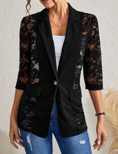 Mywinway Lace Blazers for Women 2025 Spring Summer 3/4 Sleeve Lapel Neck Casual Mesh Button Down Jacket Blazer3
