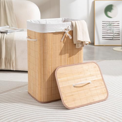 Image of HOKIPO Eco-Friendly Foldable Bamboo Laundry Basket Hamper with Lid, Large - 81 Liter, Light Brown (AR1537)