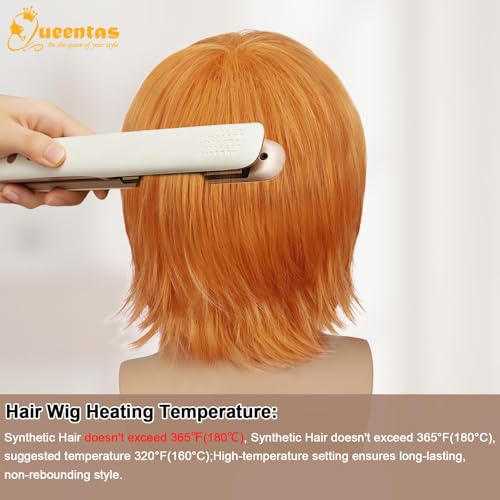 Image of QUEENTAS Unisex 10 Inch Orange Natural Straight Short Wig, Heat Resistant Synthetic Glueless Wig for Halloween Party and Cosplay