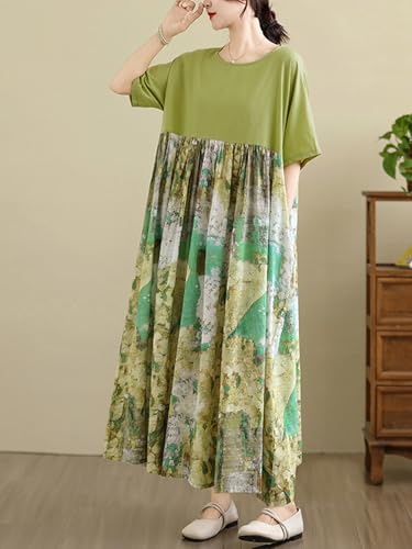 Image of Women's Oversized Dress Plus Size Summer Dress Artsy Print Pathwork | Loose, Oversized Cut Baggy Dresses. O Neck with Pockets. Breathable Viscose Fabric for Summer. Colorful Print Patchwork