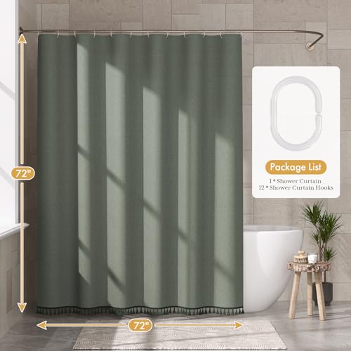 Image of AmazerBath Boho Shower Curtains for Bathroom, Farmhouse Shower Curtain with Tassels, Sage Green Shower Curtain Set, Faux Linen Fabric Shower Curtain with 12 Hooks, Hotel Quality, 72x72 Inches