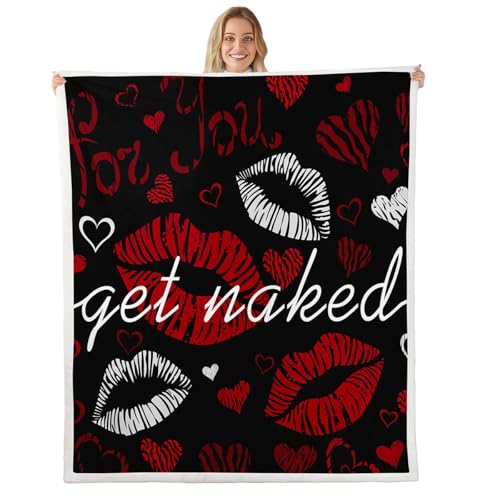 Sexy Lips Plush Blanket Funny Get Naked Sherpa Blanket for Couple Lover Kiss Fleece Throw Blanket White Red Woman Mouth Pattern Decor Fuzzy Blanket for Sofa Bed Couch, Room Decor Baby 30x40 Inch