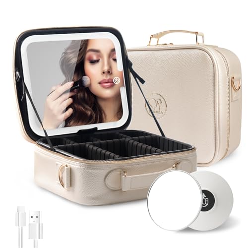 Image of MOMIRA Travel Makeup Bag Cosmetic Bag with Lighted Mirror, Adjustable Brightness in 3 Color Scenarios /Detachable makeup mirror, All-round Upgrade, Waterproof, Gift for Women -Khaki