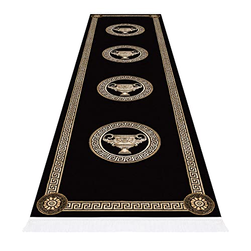 Belle Arti Premium Wohnzimmer Mäander Amphore Teppich Rund Läufer Oval aus 100% Viskose im Meander Medusa Design Flur Carpet in verschiedenen Varianten 609 (Schwarz, 80 x 300 cm) Cover