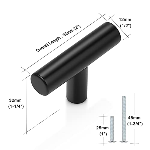 Image of Probrico 15 Pack| Flat Black Single Hole Cabinet Knobs 2 inch Drawer Handle Pulls Kitchen Cupboard T Bar Knobs Stainless Steel Furniture Hardware