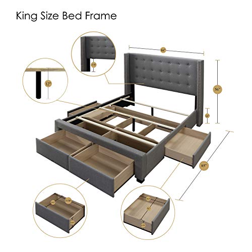 Dg Casa Savoy Tufted Upholstered Wingback Panel Storage Bed Frame, King Size In Grey Fabric #TOP5