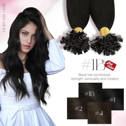 Image of Moresoo K Tip Hair Extensions Human Hair, Natural Black, 20 Inch | 50g 50 strands, pre-bonded keratin tips, salon clients, natural-looking blend, professional styling