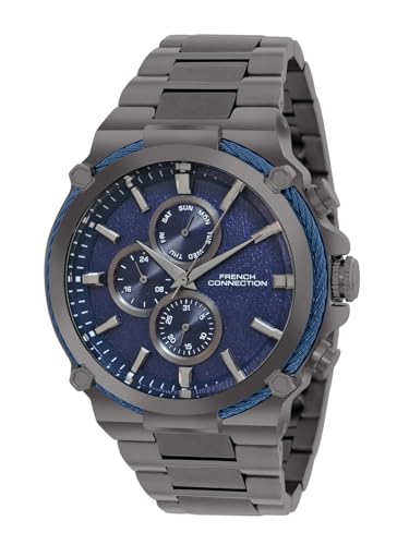 Image of French Connection Astro Multifunction Blue Round Dial Stainless Steel Strap | Casual | Premium | See Through Feature | Sunray Feature Wrist Watch for Men - FCH18GNM
