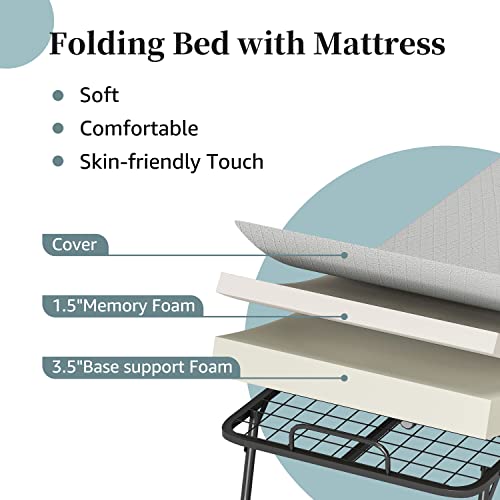 Folding Bed With Mattress, Portable Foldable Rollaway Guest Bed For Adults, Cots Fold Up Bed With Fabric Storage Bag & 5 Inch Memory Foam Metal Frame Wheels, 75" X 31" #TOP5