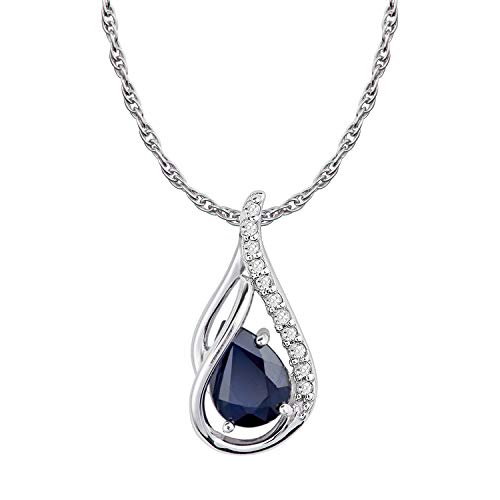 10k White Gold Genuine Pear-shape Sapphire and Diamond Halo Drop Pendant Necklace