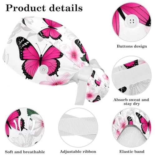 Image of Colored Butterflies Scrub Caps Women, Adjustable Working Cap with Button, Surgical Caps with Bow Hair Scrunchy