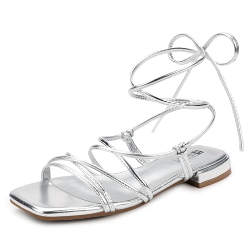 Image of IDIFU Strappy Lace Up Flat Sandals for Women Tie Up Square Open Toe Ankle Wrap Straps Dressy Gladiator Summer Beach Wedding Party Ladies Comfortable Cute Casual Dress Sandals