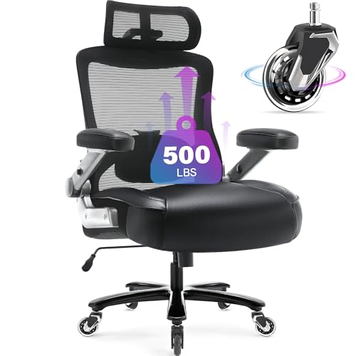 Big and Tall Office Chair 500lbs, Ergonomic Computer Chair with 3D Flip up Arms Large Rubber Wheels Adjustable Lumbar Support&Headrest, Executive High Back Desk Chair, Heavy Duty Metal Base, Mesh Back