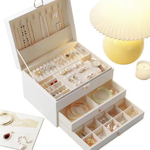 Large Jewelry Box Organizer, 3-Tier Leather Jewelry Storage Case for Women, Pearl White Jewelry Holder for Necklace, Earrings, Rings, Bracelets, Watch (Pearl White)