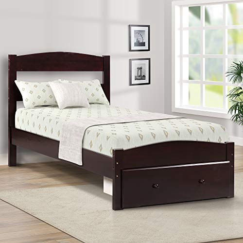 Merax Twin Bed Frame Wood Platform with Storage Drawer and Wood Slat Support