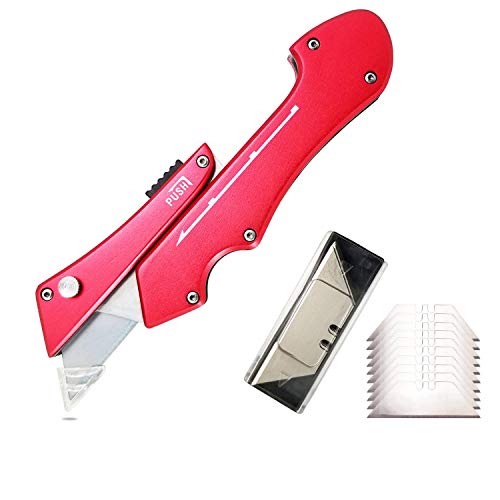 Anodized Aluminum Handle Sliding Lock Box Cutter, Carpet Cutter Pocket Utility Knife with 10 Extra Carbon Steel Blades (Red) Anodized Aluminum Handle Sliding Lock Box Cutter, Carpet Cutter Pocket Utility Knife with 10 Extra Carbon Steel Blades (Red)