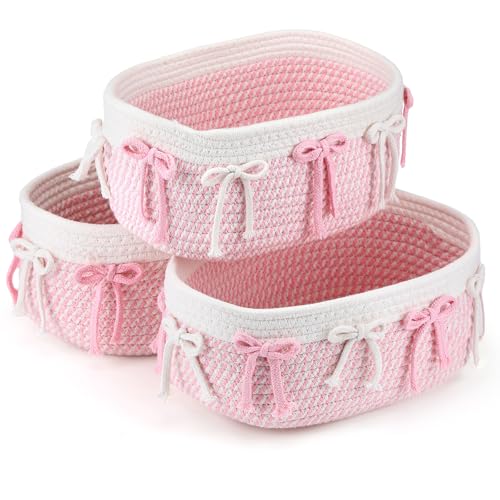 Geelin 3 Pcs Pink Bow Baskets for Gift Coquette Cute Woven Rope Storage Baskets Shelf Organizer Laundry Hamper Bins for Nursery Toys Organizing Wedding Baby Shower Decoration, 11.8''x7.8''x4.7''