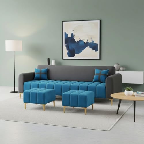 Image of Melody 3 Seater Modular L Shape Sofa Set with 2 Ottoman| Soft Velvet Upholstery, Sturdy Wooden Frame | Modern Sofa for Living Room, Hall & Office Spaces (Dark Grey-Teal Blue)