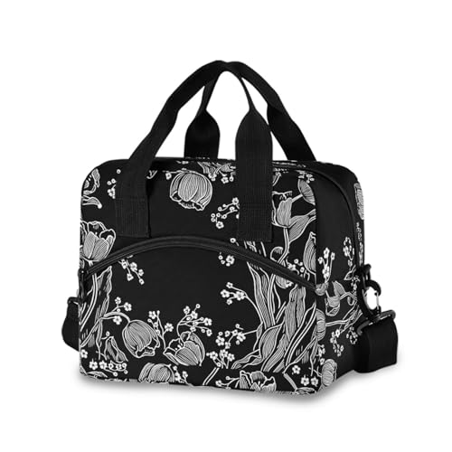 Sinestour Insulated Lunch Bag Reusable Cooler Tulips Flower Black Lunch Box Adjustable Shoulder Strap for Men Women Adults