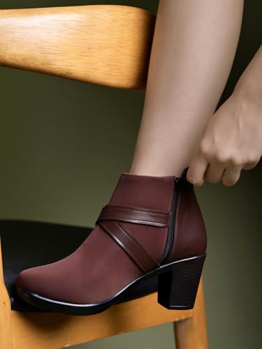 Image of Shoetopia Women's Ankle Boots with Block Heel and Cross Strap Design - Stylish Comfortable Casual & Party Footwear