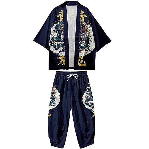 Image of DOSLAVIDA Men's Japanese Kimono Cardigan Suit Chinese Style Printed Jacket Pants Set Open Front Seven Sleeve Top & Shorts