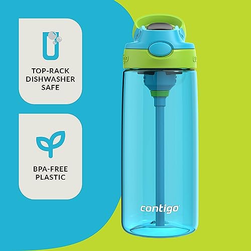 Image of Contigo Kids 20oz 2-Pack Aubrey Water Bottles with Cleanable Silicone Straw Spill-Proof Lid Dishwasher Safe Blue Raspberry /Cool Lime & Blueberry /Juniper BPA-free