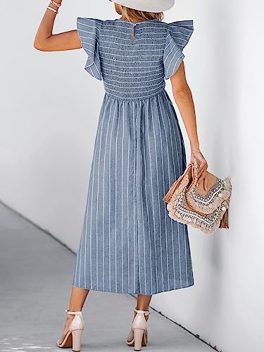 CUPSHE Women's Summer Dress Square Neck Striped Smocked Dress Ruffled Cap Sleeves Dress A Line Maxi Formal Dress3