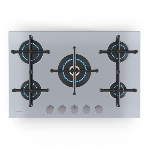 Klarstein Illuminosa 5 Placa de Gas - 5 Quemadores Sabaf, 4kW Wok, Encendido Eléctrico, Acero Inoxidable, Compatible con Gas Natural y GLP, 76×13×50 cm