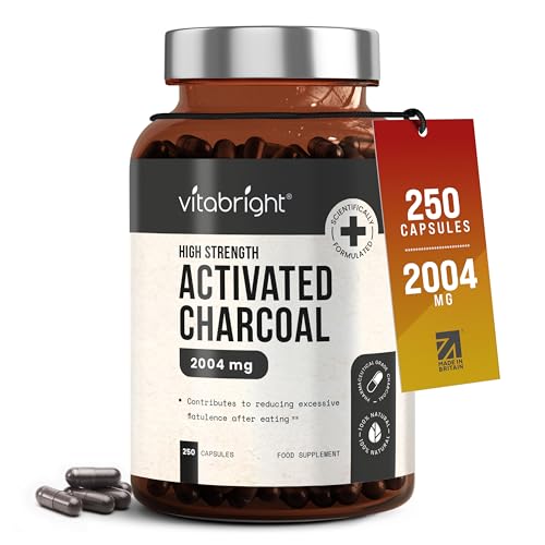 VitaBright Activated Charcoal Tablets for Stomach Wind | 2004mg | 250 Capsules | Activated Charcoal Powder in Easy-Open Veggie Capsules | Debloating Tablets - Reduce Flatulence