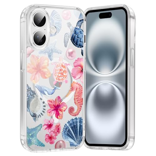 Saqmkil Cover Magnetica per iPhone 16, Aesthetic Fiori Estivi Oceano Tartaruga Collage Carina Disegni Custodia Compatibile con MagSafe, Morbido Trasparente Silicone TPU Antiurto Protettiva Case, 05