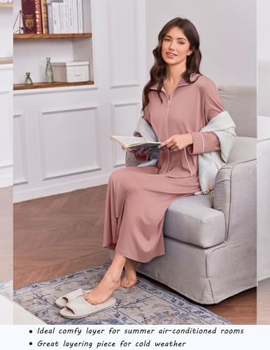 Image of Ekouaer Zipper Robes for Women Long Sleeve Lightweight House Coats with Pockets Zip Up Bathrobe Loungewear S-3XL