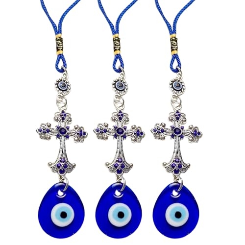 Turc Bleu Evil Eye Tapisserie Murale 3 Pièces Oeil Bleu Protection Maison Pendentif Mauvais Oeil Ornement Amulette Maison Décoration Protection Bénédiction Cadeau avec Une Croix (Bleu Clair)