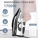 Steam Iron for Clothes Rapid Heating, 1700W Iron with Non-Stick Ceramic Soleplate, 3-Way Auto-Off, Burst of Steam, Self-Cleaning, 14.07oz Water Tank Ironing Clothes for Home, Grey - Image 3