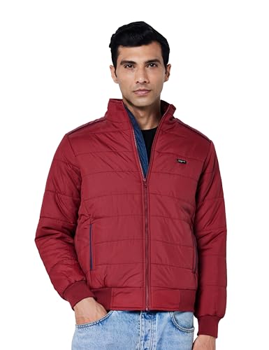 Image of Qube By Fort Collins Men's Nylon Standard Length Regular Fit Quilted Bomber Jacket with Detachable Hood - Winter Warm, Insulated Lining, Ribbed Cuffs, and Stylish Design
