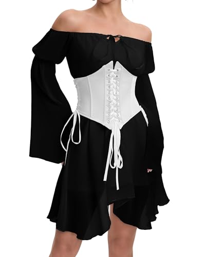 Image of Womens Corset Dress Off Shoulder Bell Sleeve Casual Party Pirate Fairy Dress Set