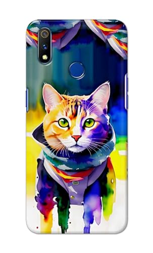 Image of Printed Hard Back Cover for Realme 3 Pro Back Cover (Coloured Cat) -190724(EA)