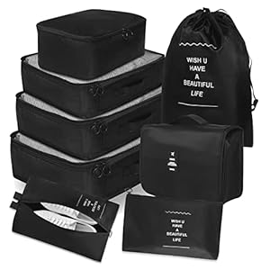 Packing Cubes for Travel, AVITORO 8 Set Travel Packing Cubes for Suitcases Lightweight Travel Essential Bag with Toiletries Bag for Clothes Shoes Cosmetics Toiletries, For 18-32” luggage (Black)