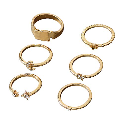 certainPL 6Pcs Knuckle Stackable Rings Set for Women, Bohemian Butterfly Plated Comfort Fit Vintage Moon Joint Finger Rings Gift (AS Show)