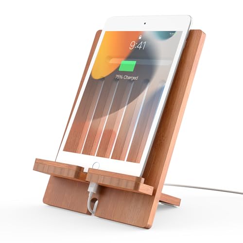 Image of Pezin & Hulin Bamboo Tablet Stand Adjustable, Desktop Cell Phone Stand Holder Dock Compatible with Pad Air/Pro/Mini, E-Reader, Smartphone (Support to 4.7-13" Devices)-Brown