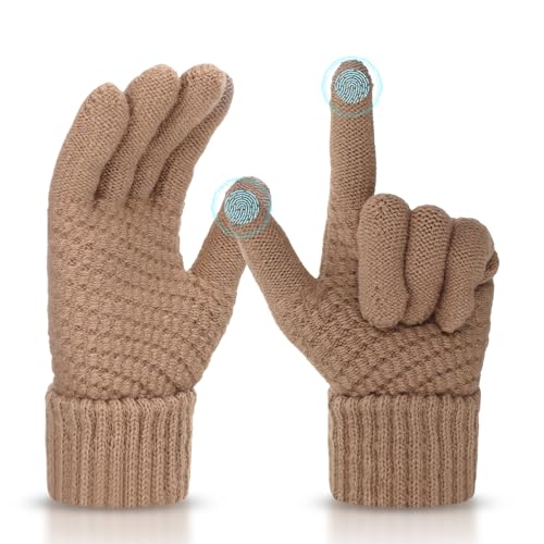 Abeillo Womens Winter Warm Touchscreen Gloves Thermal Knit Soft Fleece Lined Glove Winter Texting Gloves Elastic Cuff Glove (Brown)